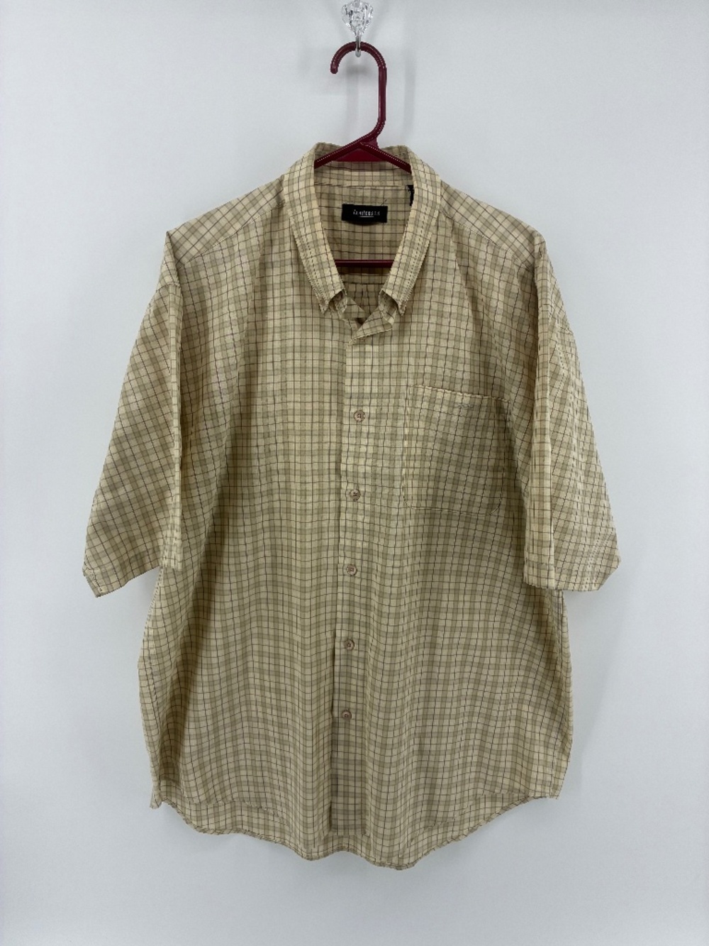 Van Heusen Mens Checkered Beige short Sleeve Button Up Vintage Men’s Shirt